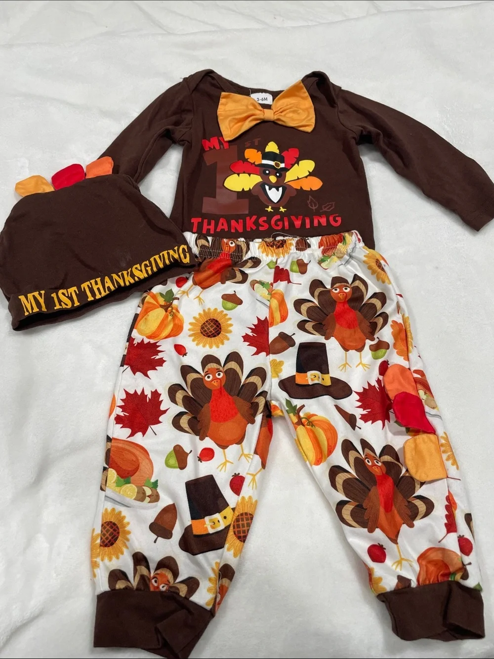 My 1st Thanksgiving Kids Brown Turkey Outfit with Orange Bow